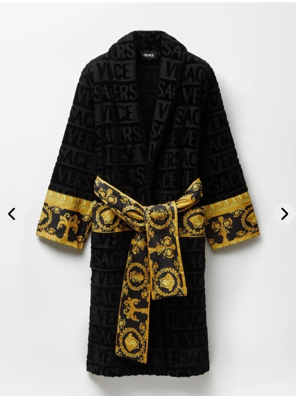 Versace Black Robe with Gold Baroque Trim and Sash